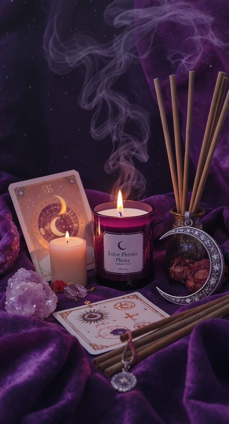 Velas, tarot e incienso sobre terciopelo